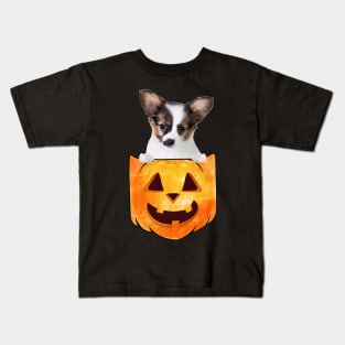 Papilon Dog In Pumpkin Pocket Halloween Kids T-Shirt